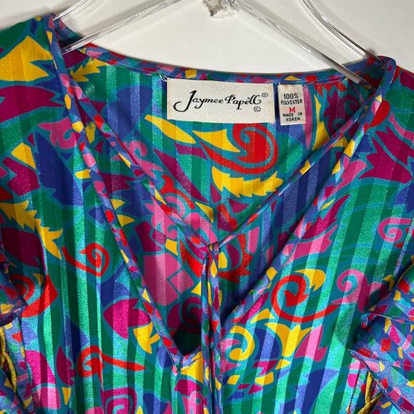 Vintage 80s Jaymee Papell Geometric Maxi Dress M Cinch Waist Ruffle Tassels - Picture 7 of 7